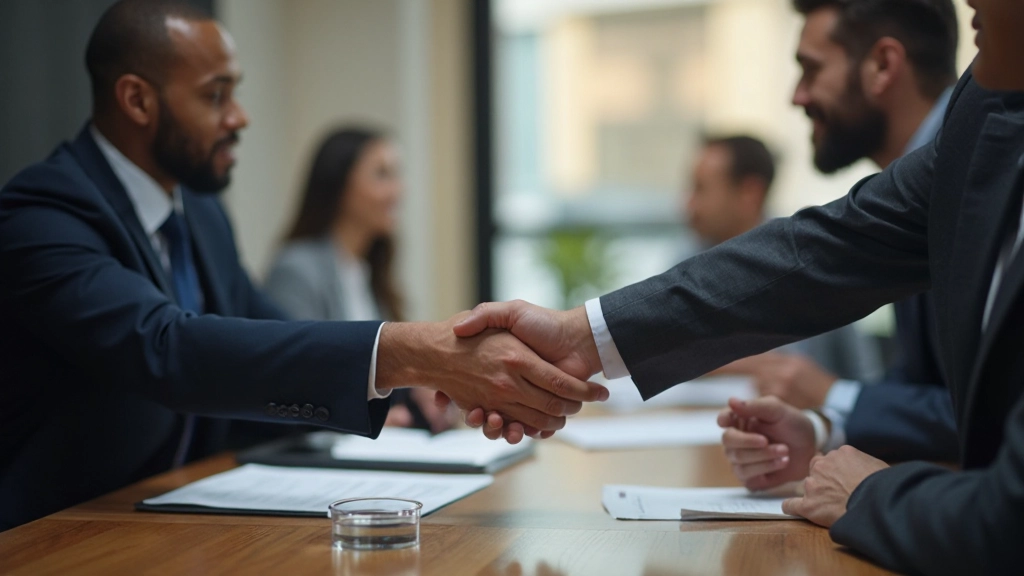 Dois profissionais em negociação comercial em sala de reunião