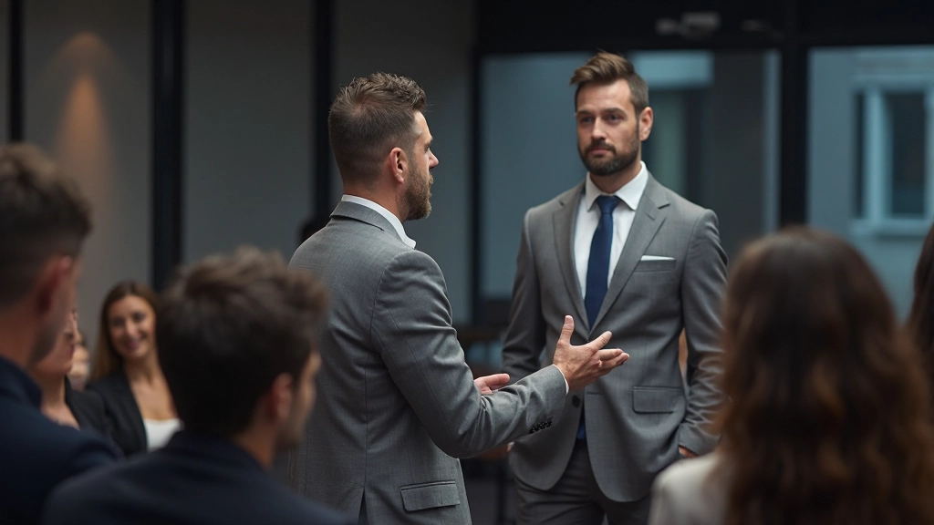 Profissional em apresentação corporativa com audiência atenta