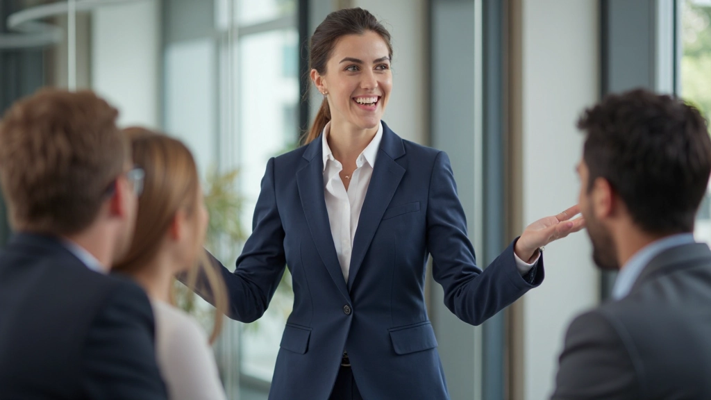 Profissional em apresentação empresarial com comunicação clara e confiante